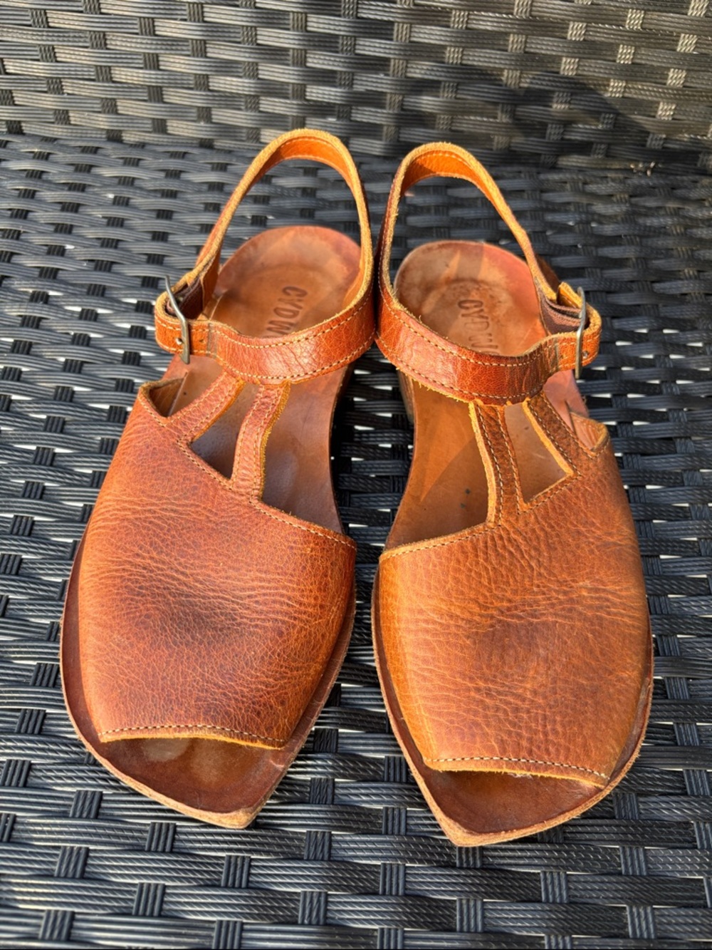 Cydwoq Open toe Cut out Handmade Leather Sandals, Size 7.5